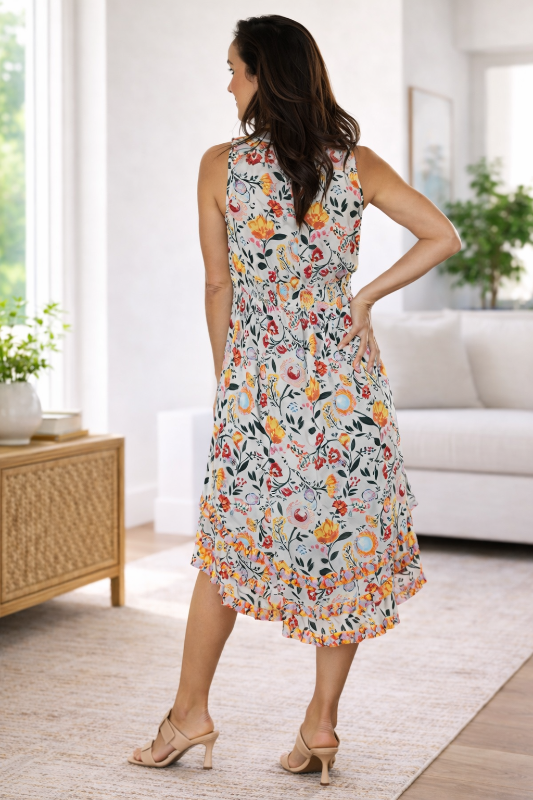 Floral Midi Dress – Sleeveless Tiered Boutique Style - Ivory