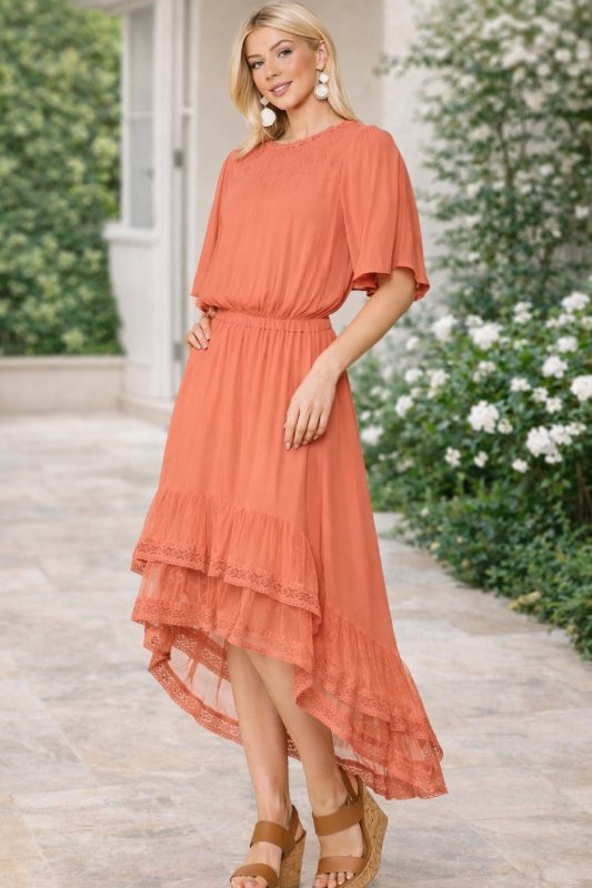Salmon Hi-Lo Midi Dress with Lace Hem & Flutter Sleeves