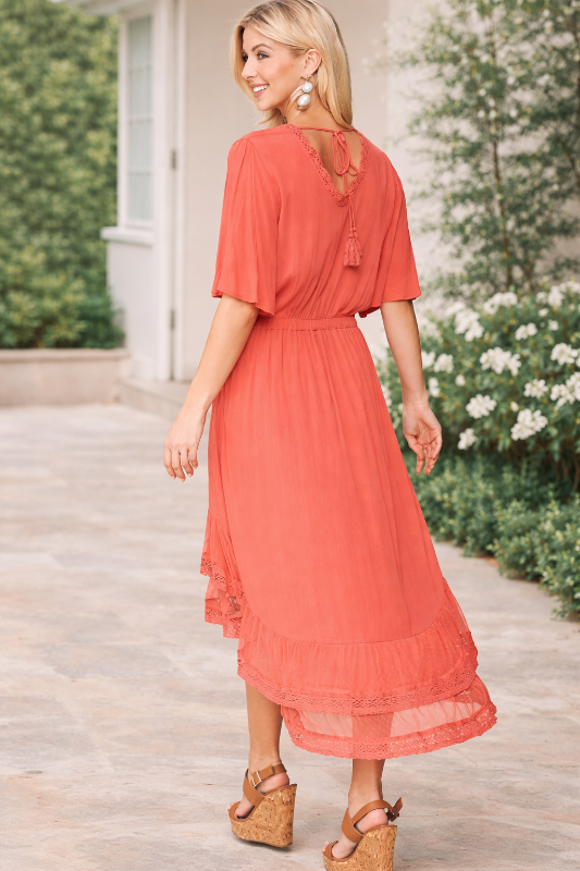 Salmon Hi-Lo Midi Dress with Lace Hem & Flutter Sleeves