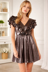 Bronze Metallic Ruffle Babydoll Mini Dress