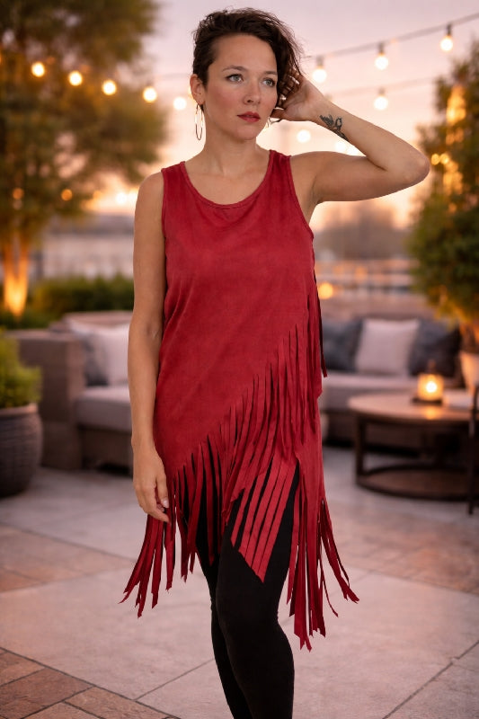 Fringe Asymmetrical Suede Tunic – Red Boho Statement Top
