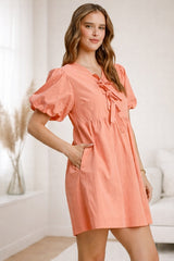 Umgee Coral Babydoll Bow Mini Dress – Puff Sleeve Fit & Flare