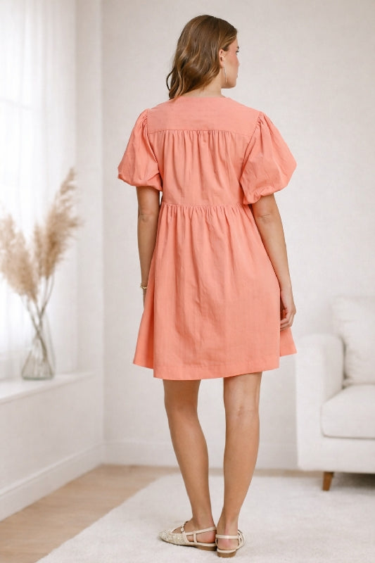 Umgee Coral Babydoll Bow Mini Dress – Puff Sleeve Fit & Flare