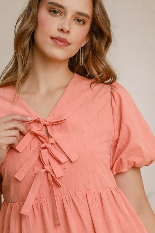 Umgee Coral Babydoll Bow Mini Dress – Puff Sleeve Fit & Flare