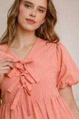 Umgee Coral Babydoll Bow Mini Dress – Puff Sleeve Fit & Flare