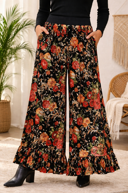 Umgee Velvet Floral Ruffle Hem Pants - Red Orange