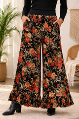 Umgee Velvet Floral Ruffle Hem Pants - Red Orange