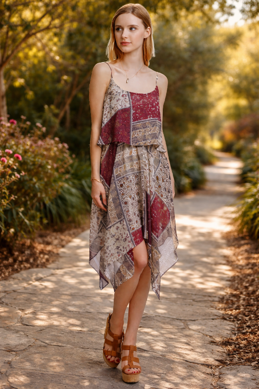 Boho Patchwork Handkerchief Dress – Wine Multi