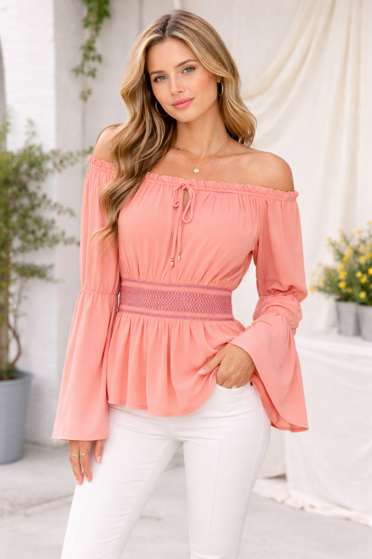 Boho Off-Shoulder Smocked Bell Sleeve Blouse - Coral Pink