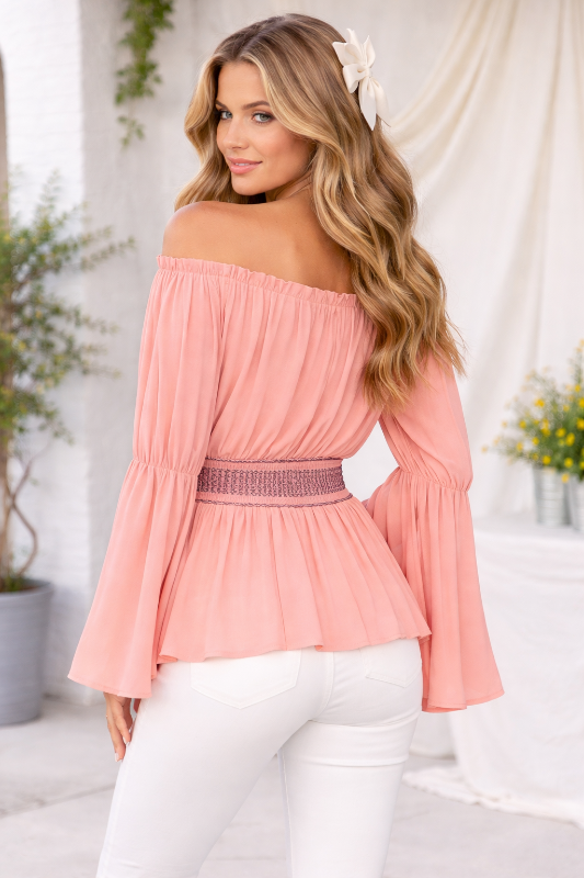 Boho Off-Shoulder Smocked Bell Sleeve Blouse - Coral Pink