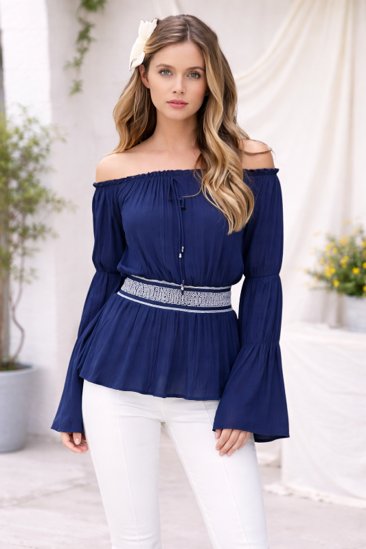 Boho Off-Shoulder Smocked Bell Sleeve Blouse - Navy