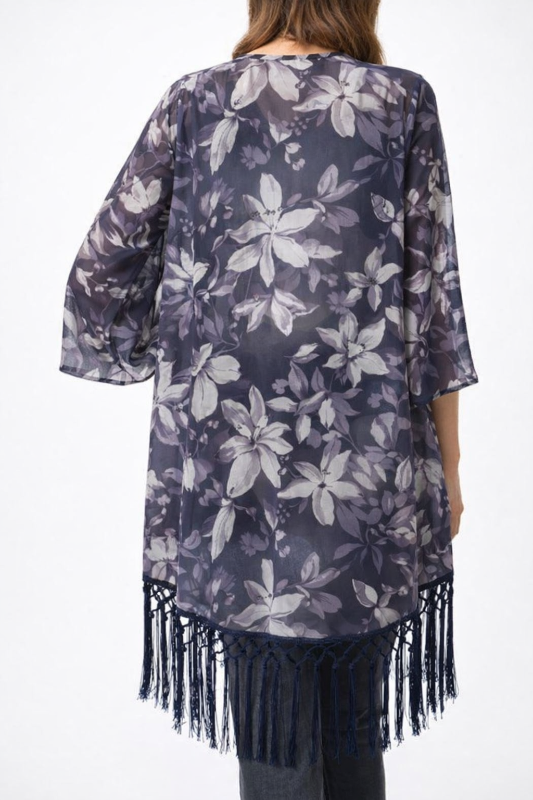 Honey Punch Floral Fringe Kimono - Purple