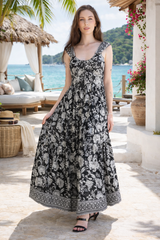 Boho Black Floral Maxi Dress – Flowy Open Back Resort Summer Beach Dress