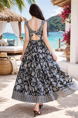 Boho Black Floral Maxi Dress – Flowy Open Back Resort Summer Beach Dress