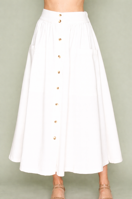 High Waist Button Front Midi Skirt With Pockets - Soft Off White