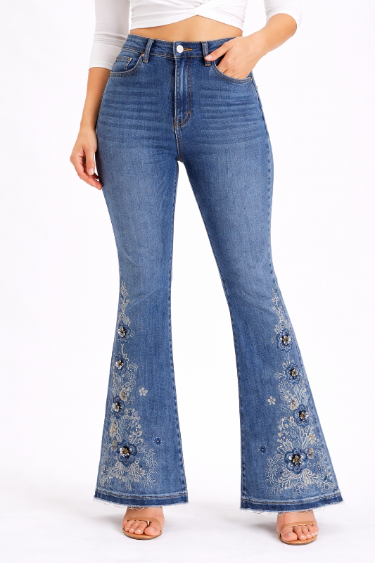 High Rise Embroidered Flare Jeans – Tall Torso Friendly