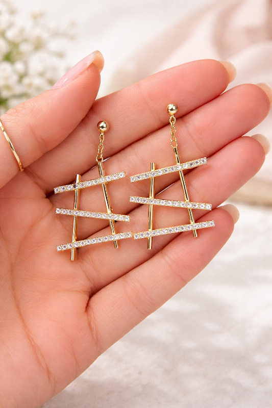 Gold Dipped Rhinestone Bar Dangle Earrings Modern Statement