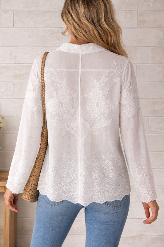 White Lace Embroidered Button Down Blouse Feminine Sheer Top