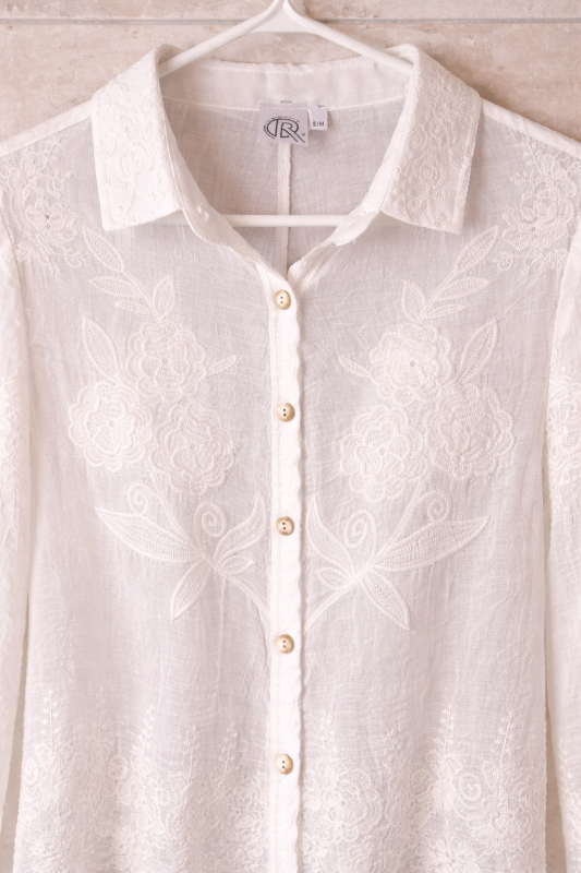 White Lace Embroidered Button Down Blouse Feminine Sheer Top