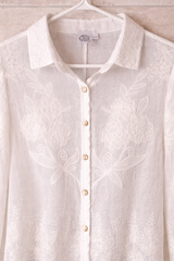 White Lace Embroidered Button Down Blouse Feminine Sheer Top