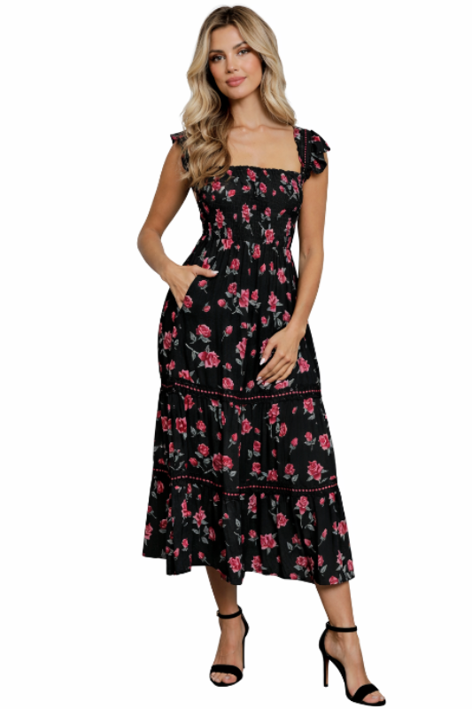 Angie Roses Print Midi Dress - Black