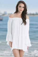 Elan Off Shoulder Bell Ruffle Sleeve Tunic Top - White