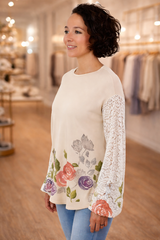 T-Party Artsy Lace Thermal Top - Beige /Dusty Rose