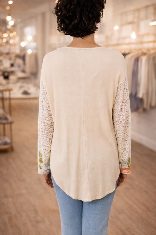 T-Party Artsy Lace Thermal Top - Beige /Dusty Rose