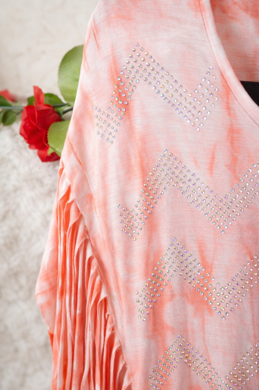 Boho Fringe Tie Dye Top with Rhinestone Chevron | Southwestern Boutique Shirt