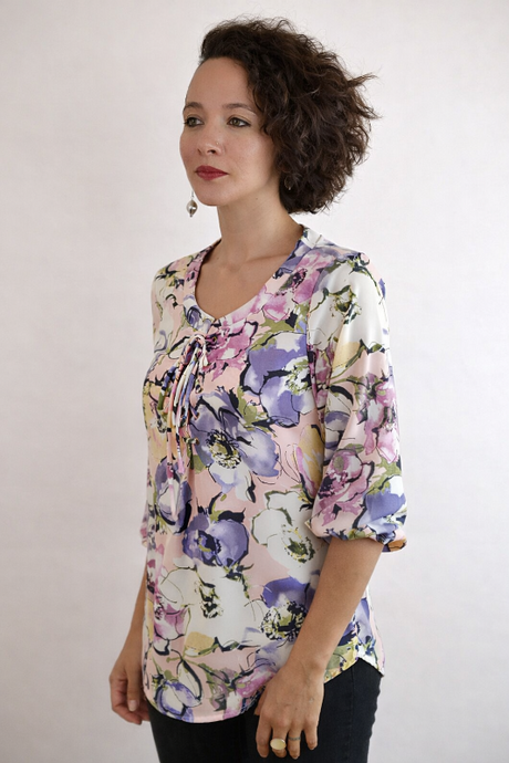 Amy’s Garden Floral Blouse – Feminine Lace-Up Neckline Top (Made in USA)