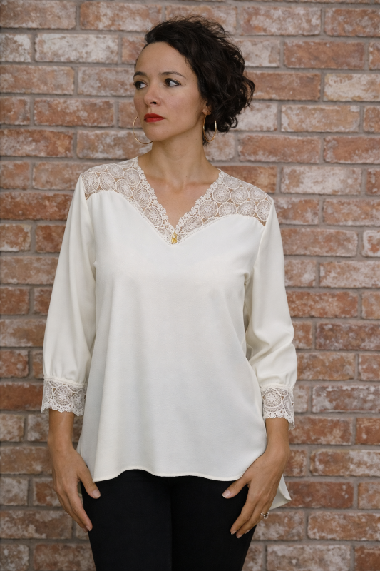 Urban Mangoz Lace Accent Hi Low Blouse Elegant Vintage Style Top