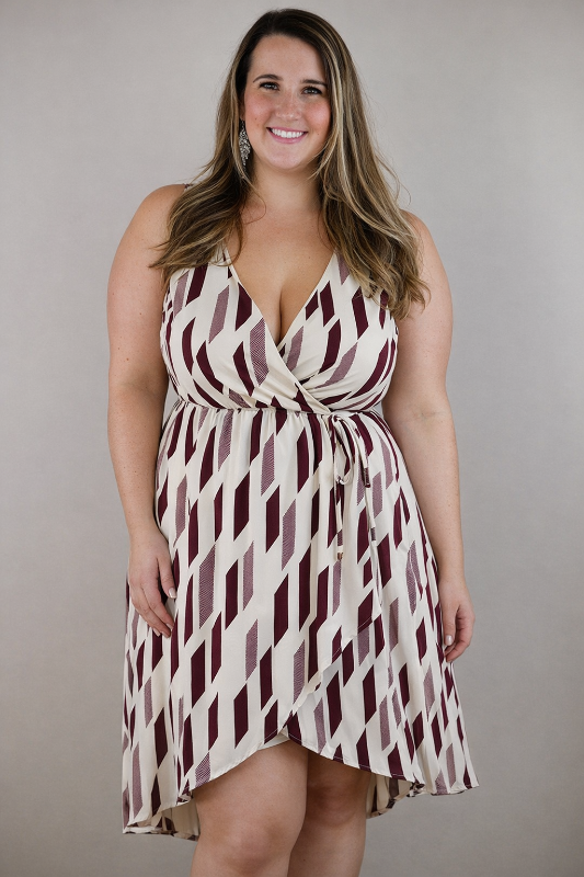Burgundy Geo Print Faux Wrap Hi-Low Dress