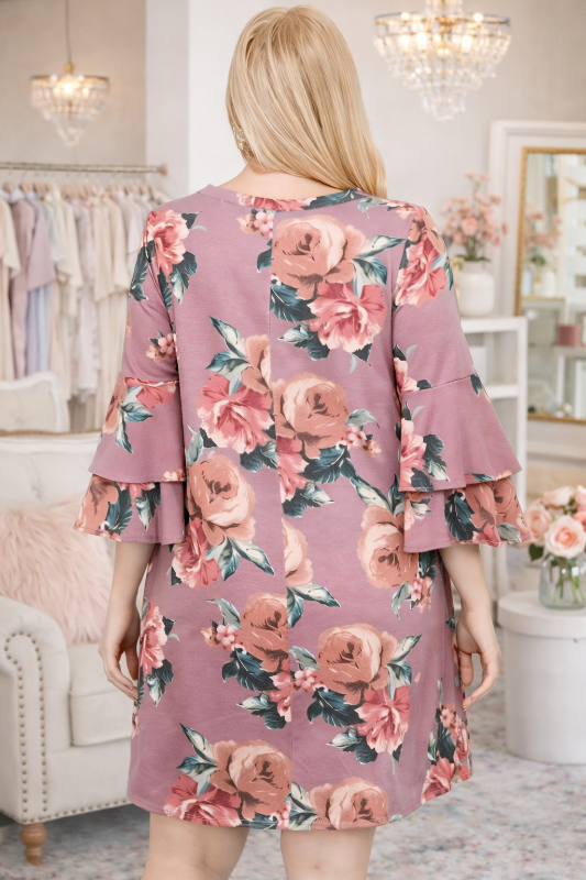Easy French Terry Floral Print Dress - Dusty Rose