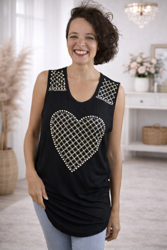Vocal Rhinestone Studs Heart Tank Long Tunic - Black