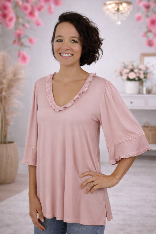 Ruffles & Pearls Mesh Back Blouse – Dusty Rose