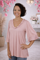 Ruffles & Pearls Mesh Back Blouse – Dusty Rose