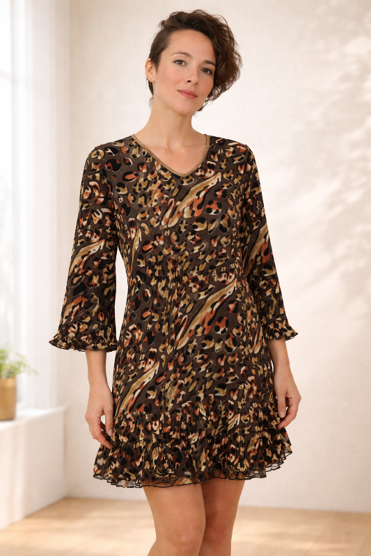 lady noiz dresses Autumn Splash Animal Print Ruffle Hem Dress by High Quality mix metal