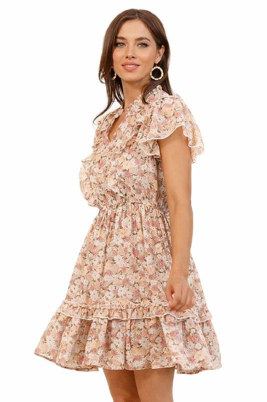 Gigio Chiffon Print Fit N Flare Ruffles Dress - Mauve