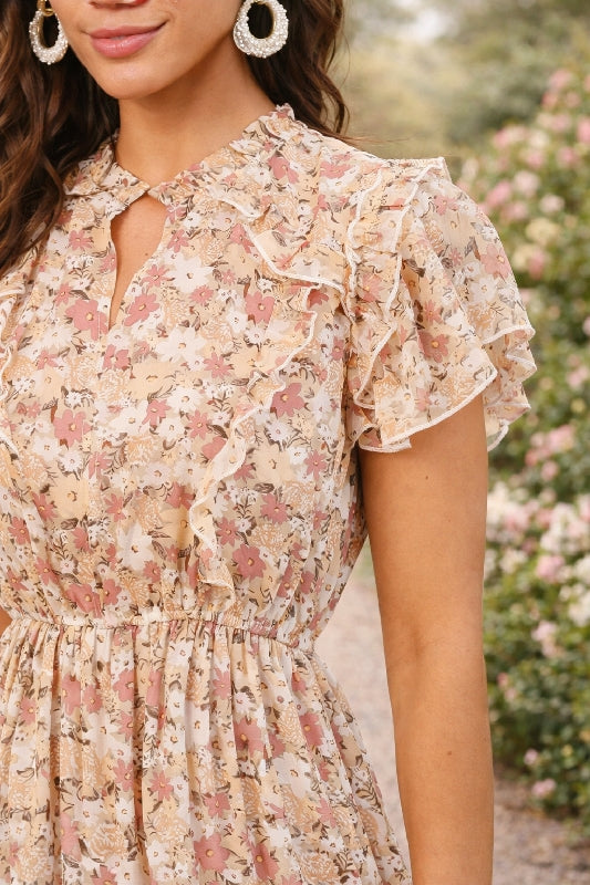 Gigio Chiffon Print Fit N Flare Ruffles Dress - Mauve
