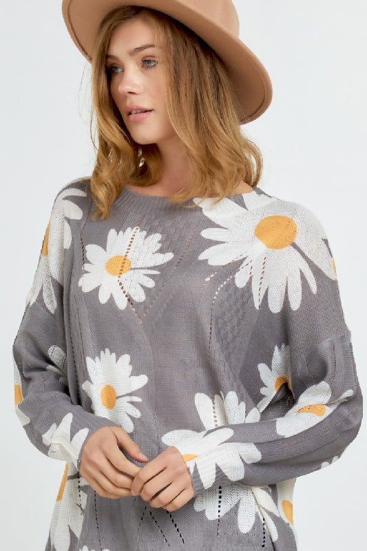 Davi & Dani Daisy Flower Sweater - Lt Gray Charcoal