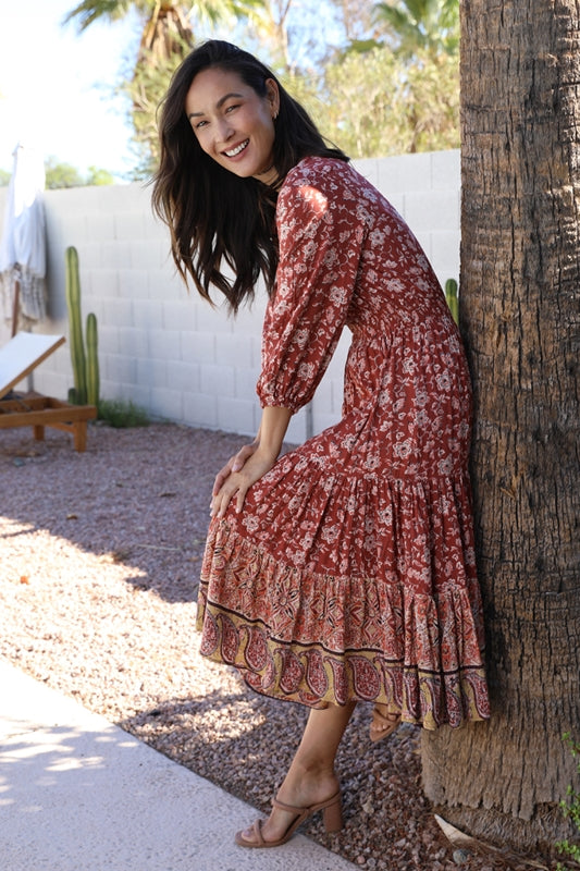 Paisley Floral Border Print Midi Dress - Rust – Debra's Passion Boutique