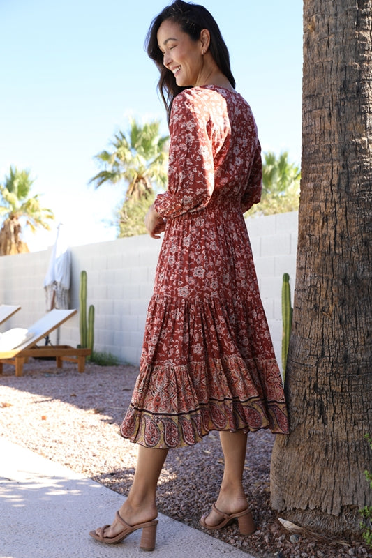 Paisley Floral Border Print Midi Dress - Rust