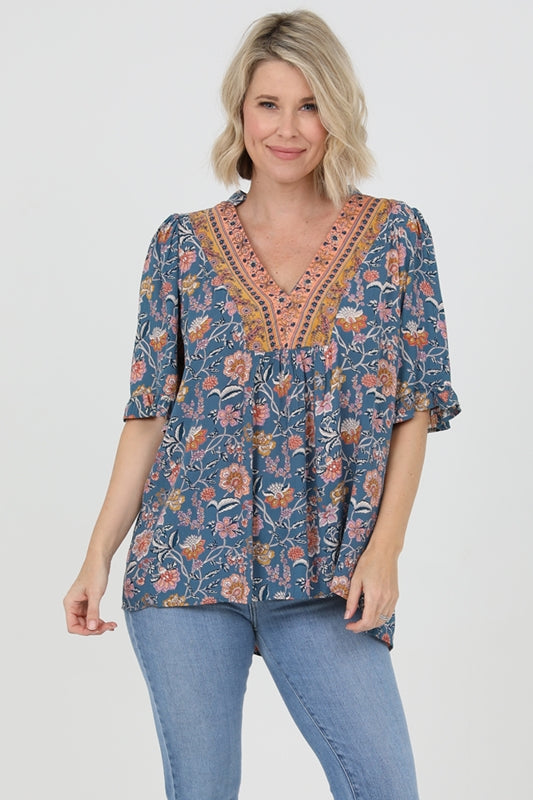 Boho Print & Border Trim Tunic Blouse - Blue