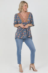 Boho Print & Border Trim Tunic Blouse - Blue