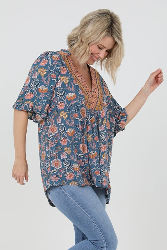 Boho Print & Border Trim Tunic Blouse - Blue