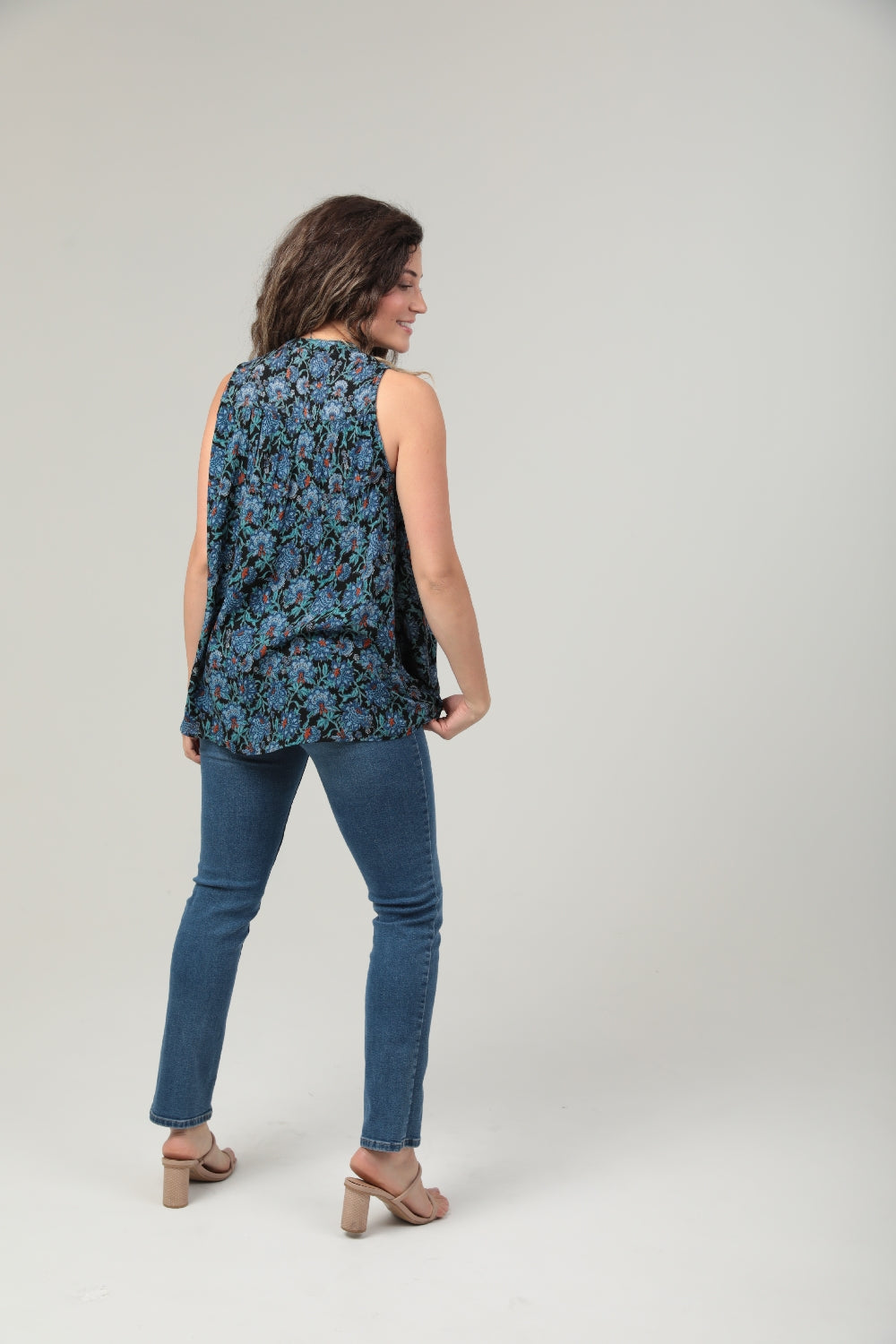 Floral Print Embroidered Babydoll Blouse - Black Blue