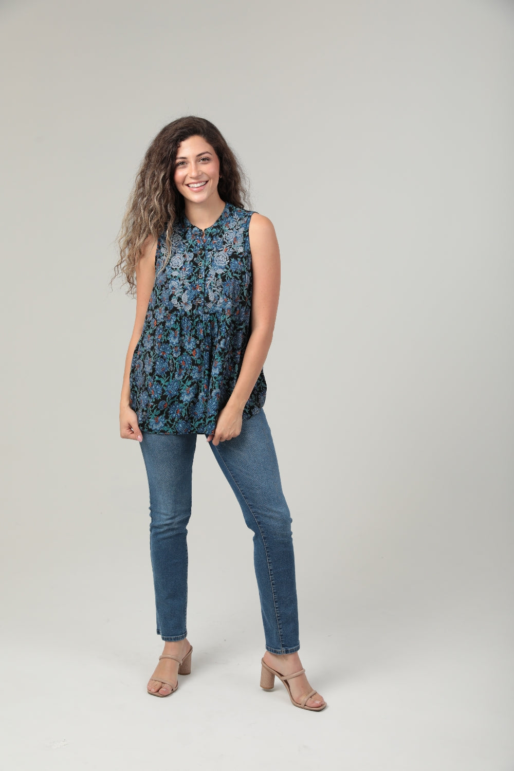 Floral Print Embroidered Babydoll Blouse - Black Blue