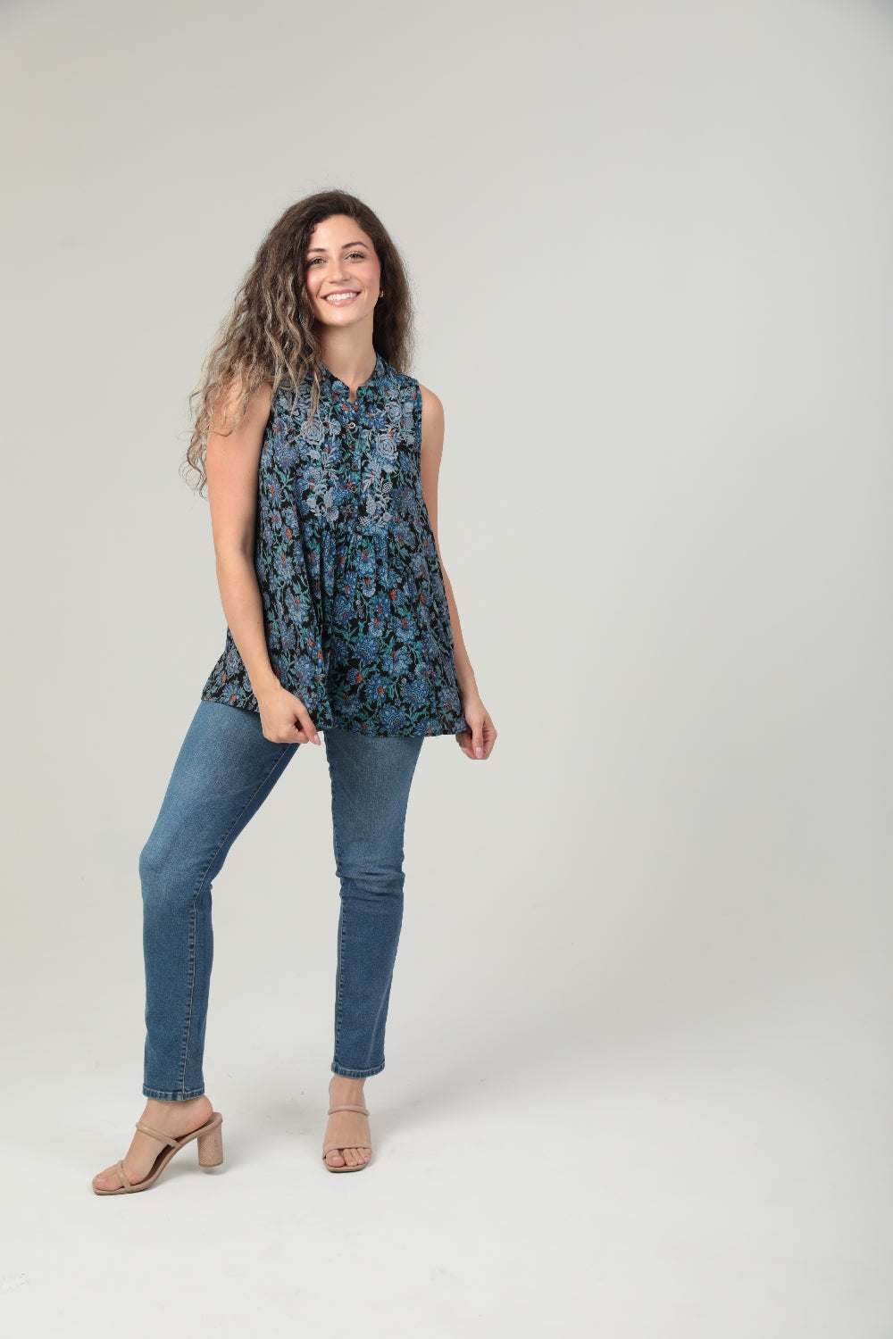 Floral Print Embroidered Babydoll Blouse - Black Blue