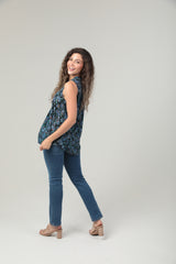 Floral Print Embroidered Babydoll Blouse - Black Blue