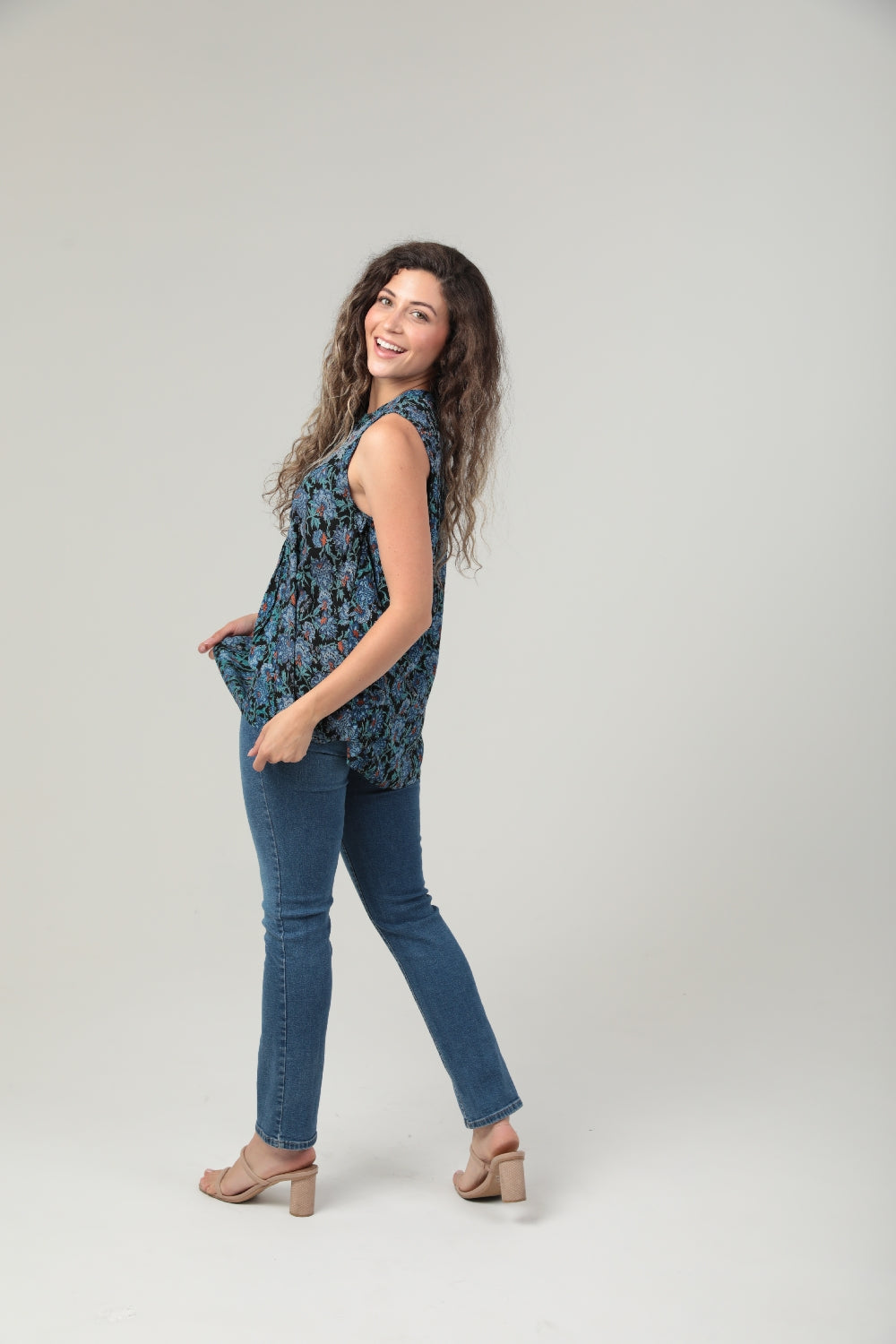 Floral Print Embroidered Babydoll Blouse - Black Blue